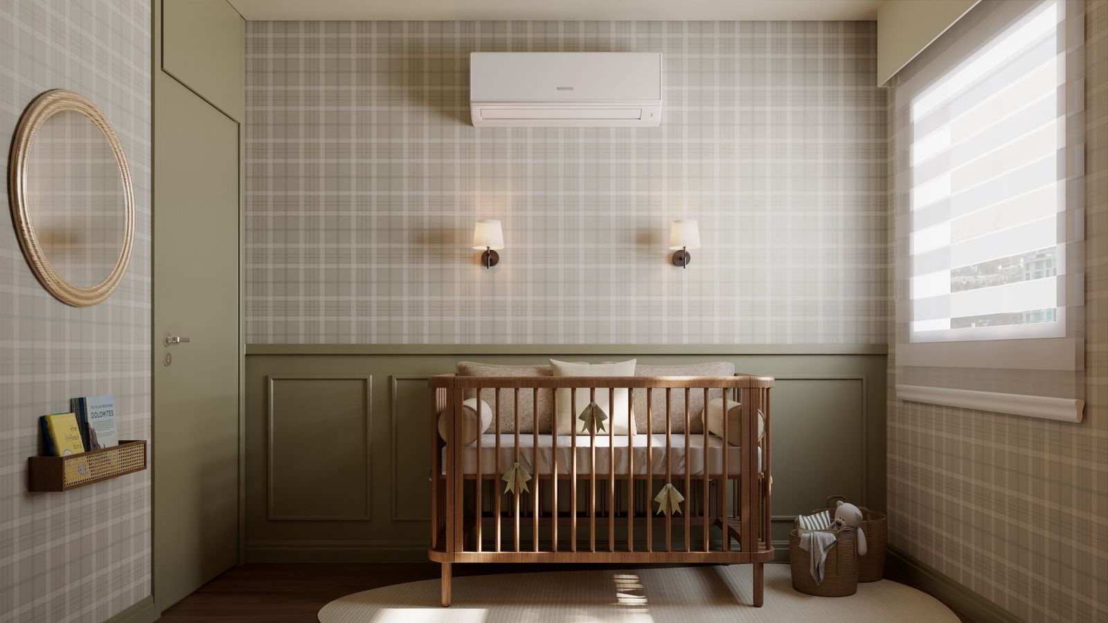 Quarto de bebê com papel de parede xadrez, boiserie verde e berço de madeira